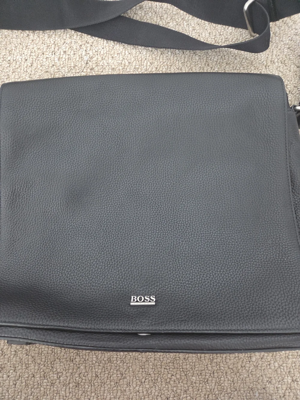 BOSS Black Leather Messenger Bag for Men